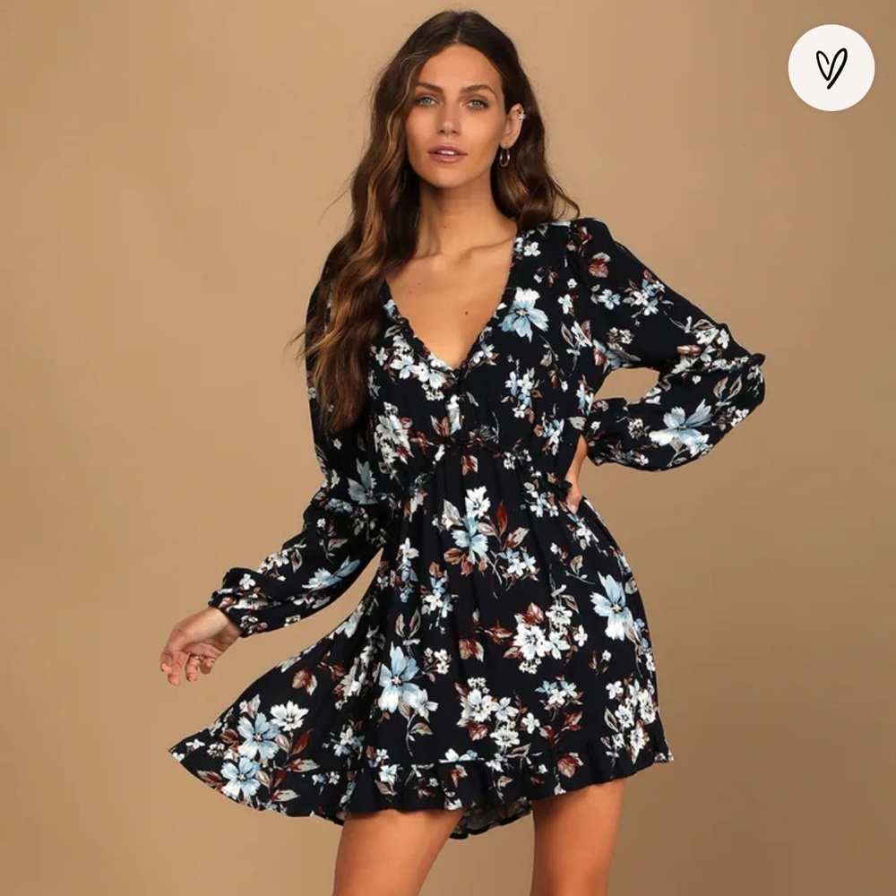 Lulus Lovely Blooms Navy Blue Floral Print Long Sleeve Babydoll Dress